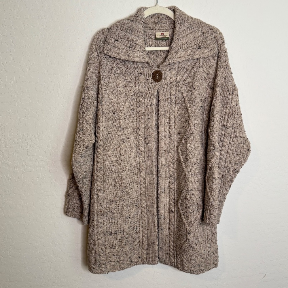 Carraig Donn Women Wool Cardigan L Irish Cable Knit Shawl Collar Longlined